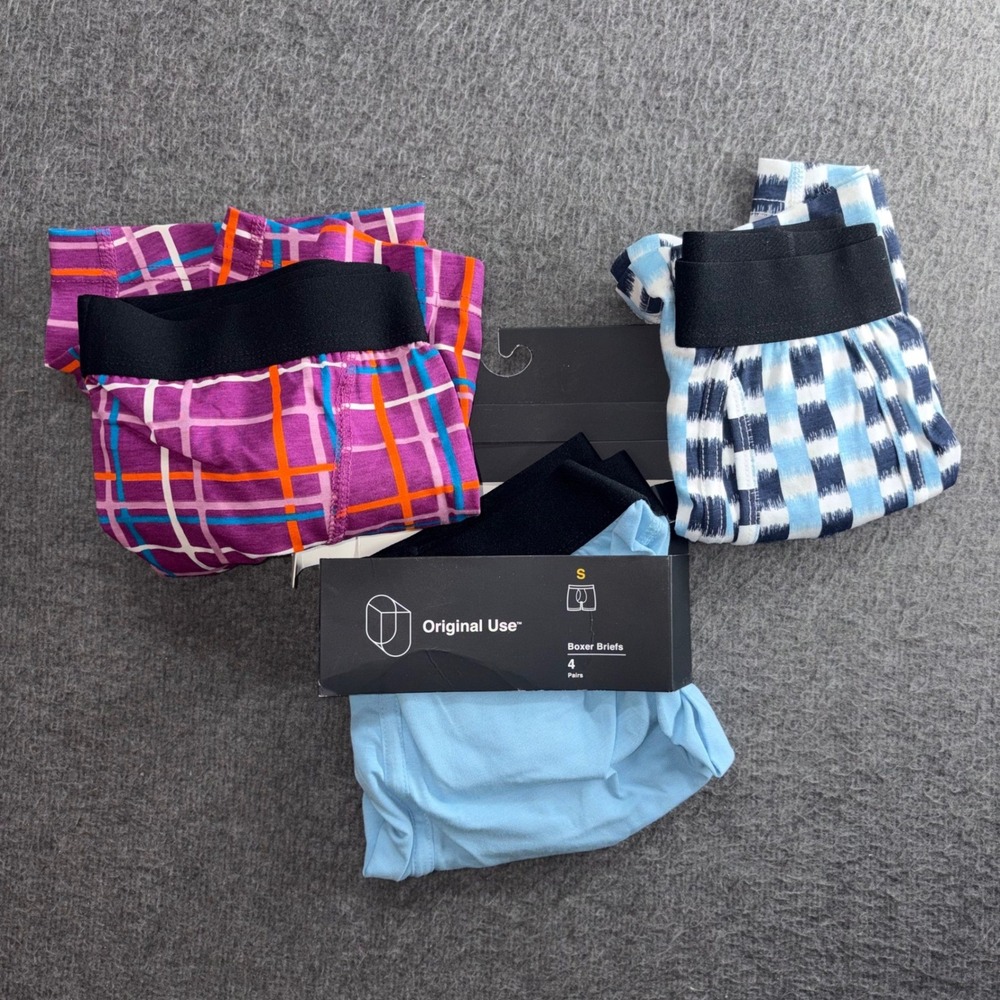 Original Use Mens Boxer Briefs 3 Pack Plaid Solid Blue Purple Size Small NWT